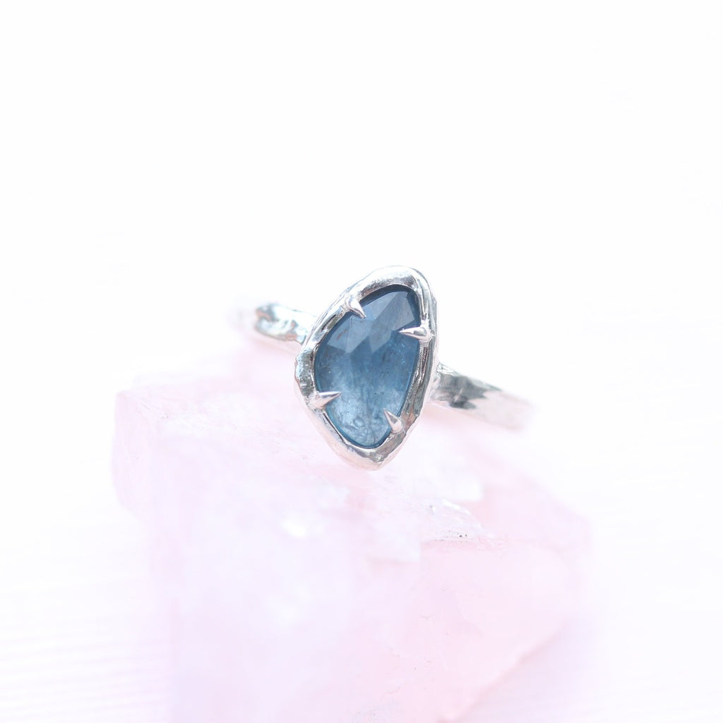 Rose cut dark blue aquamarine and silver ring