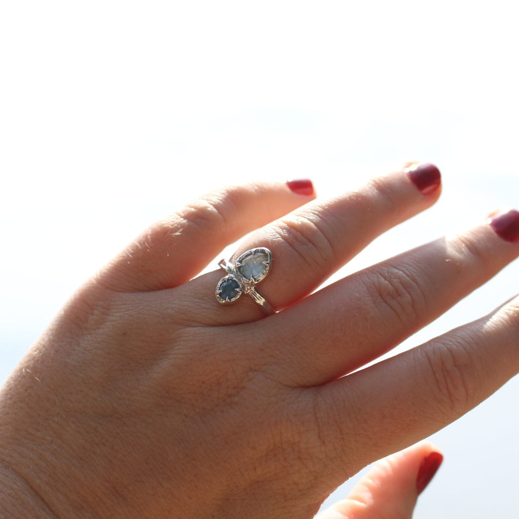 Rose cut Aquamarine Ring - dark and light blue