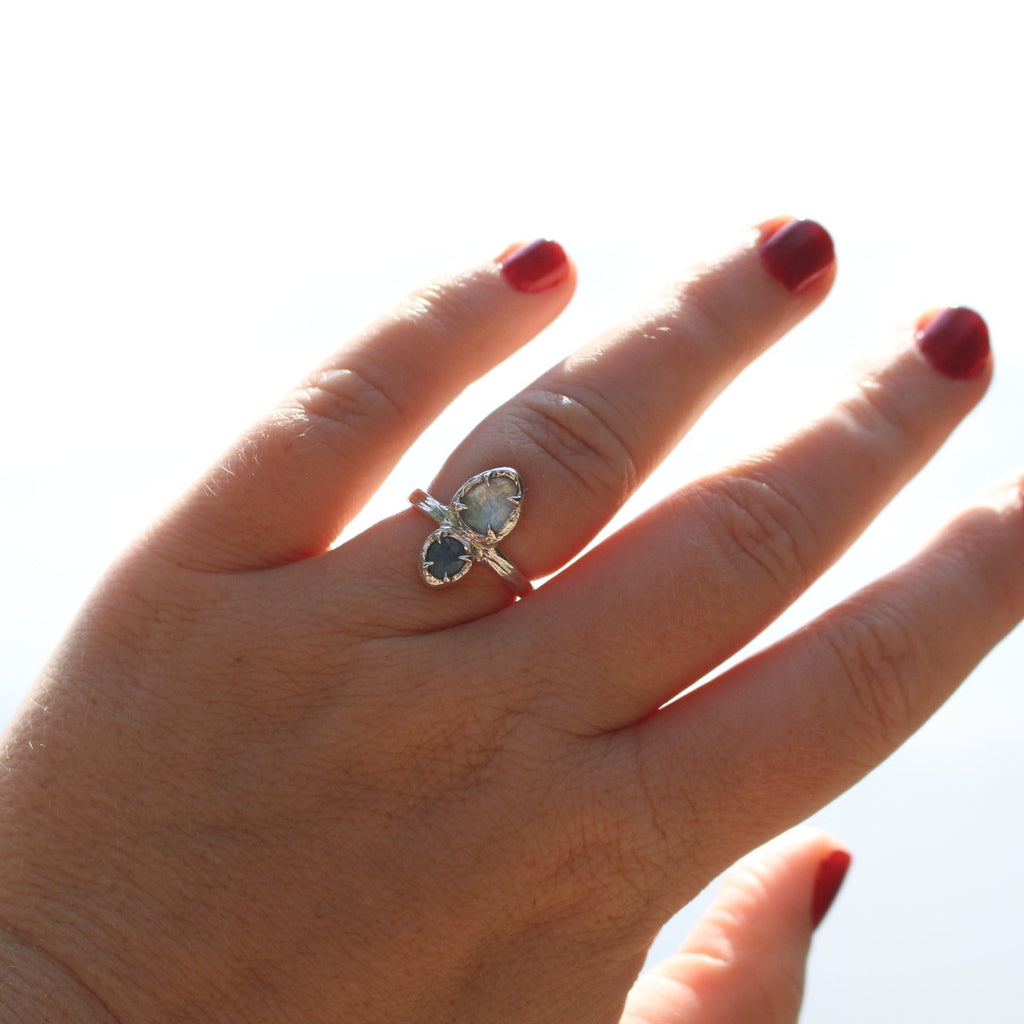 Rose cut Aquamarine Ring - dark and light blue