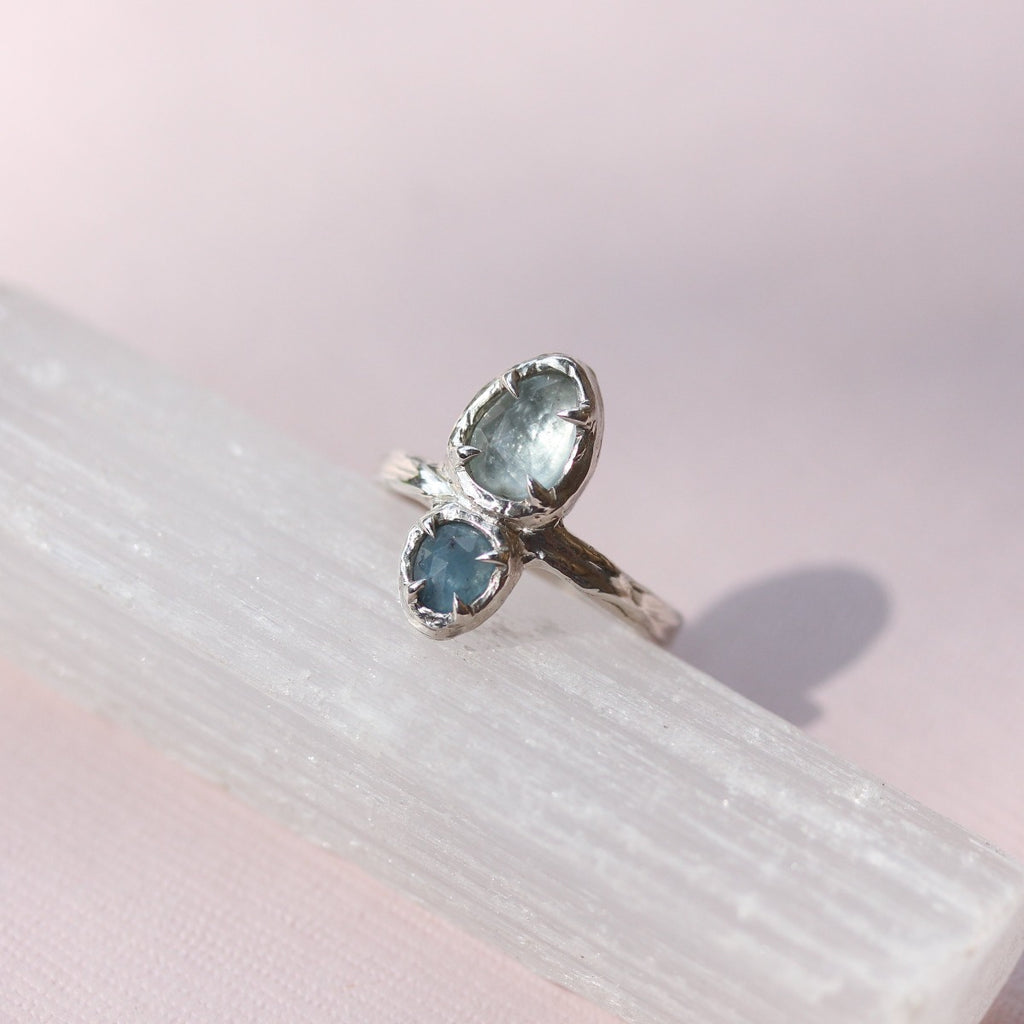 Rose cut Aquamarine Ring - dark and light blue