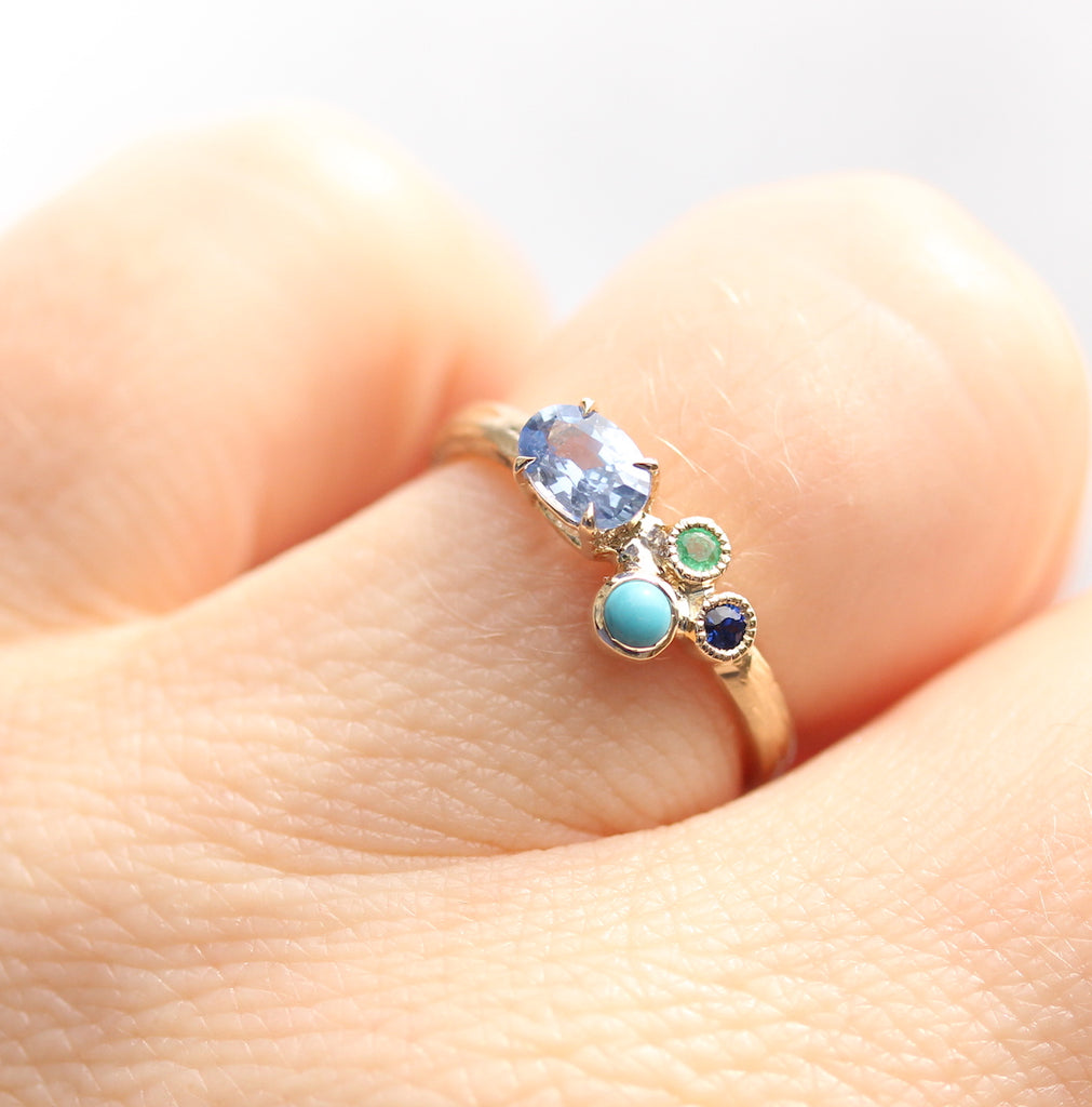 cluster ring with sapphire, turquoise and emerald
