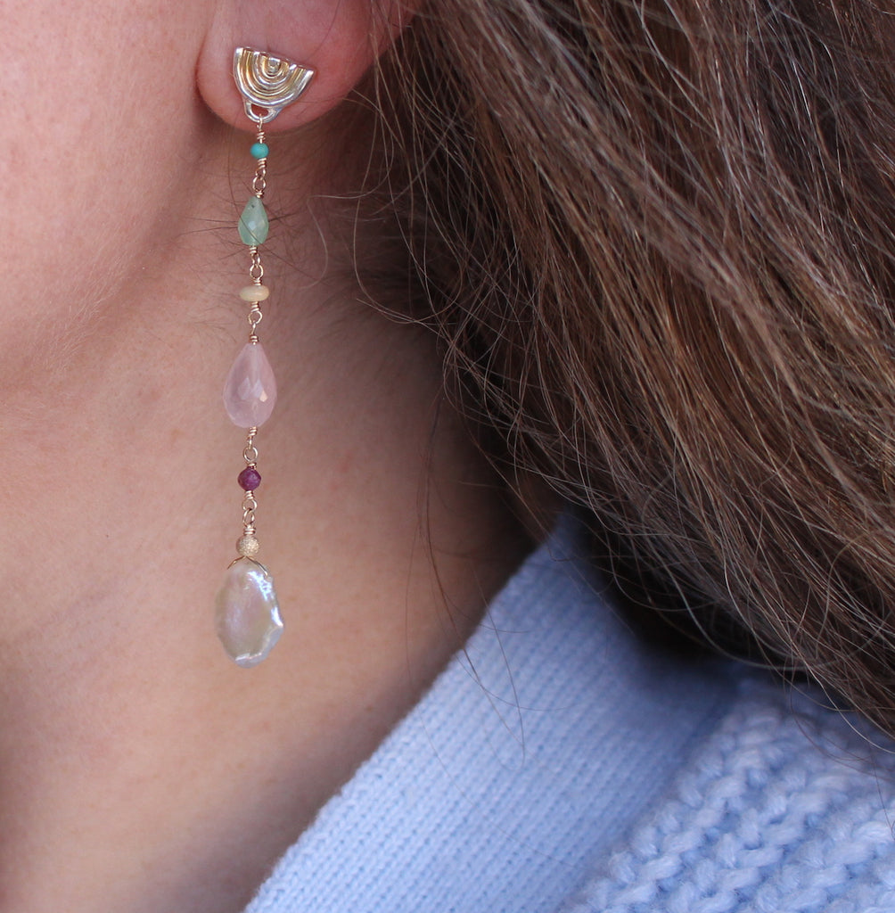 Drop rainbow and gemstone earring - two tone