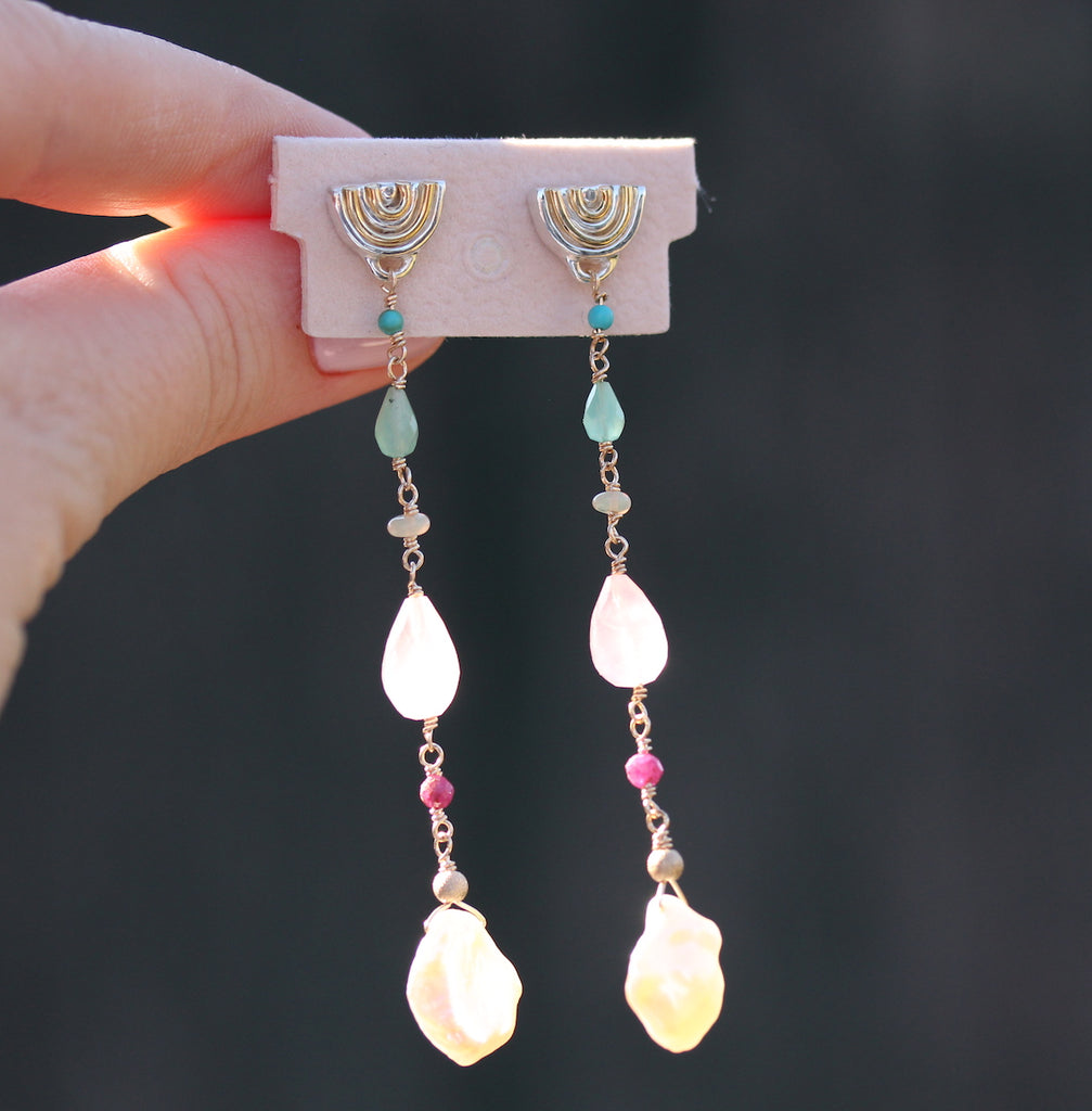 Drop rainbow and gemstone earring - two tone