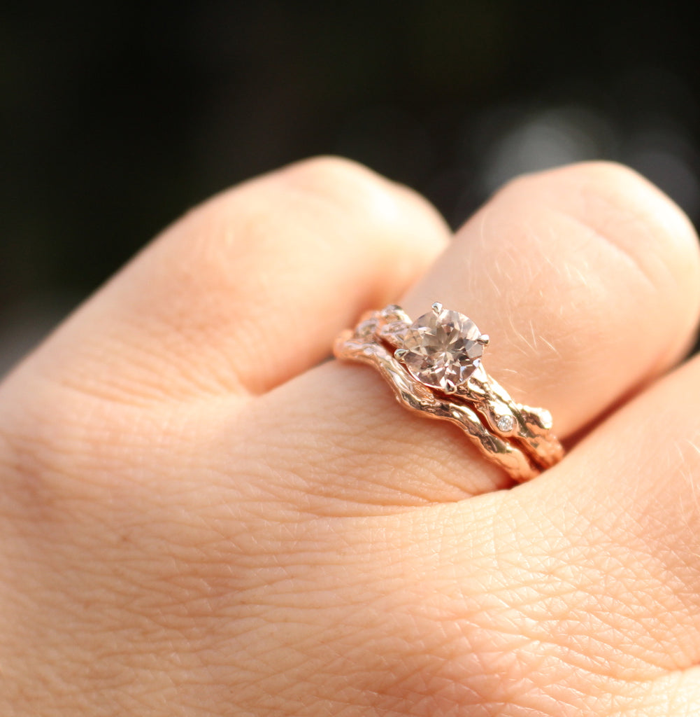 pale pink gemstone rose gold ring with matching band
